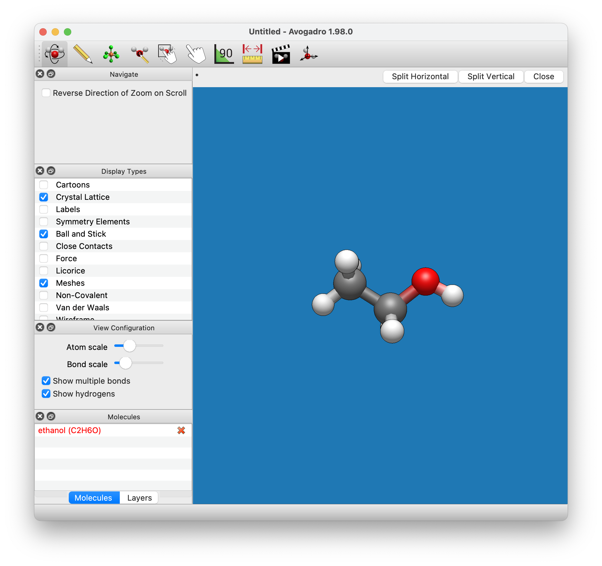 Screenshot of Avogadro window after opening or importing ethanol molecule