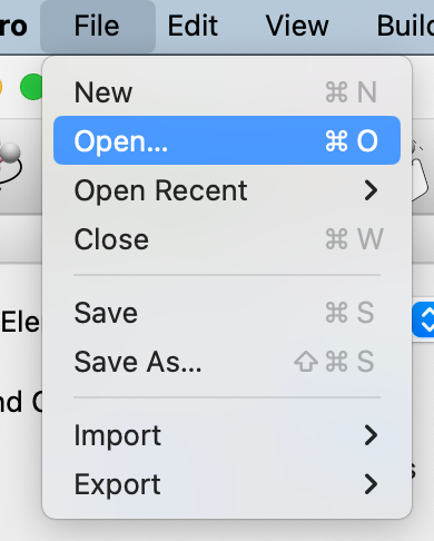 Screenshot of File menu indicating Open menu item