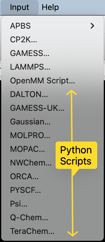 Screenshot indicating Input menu and commands from Python scripts