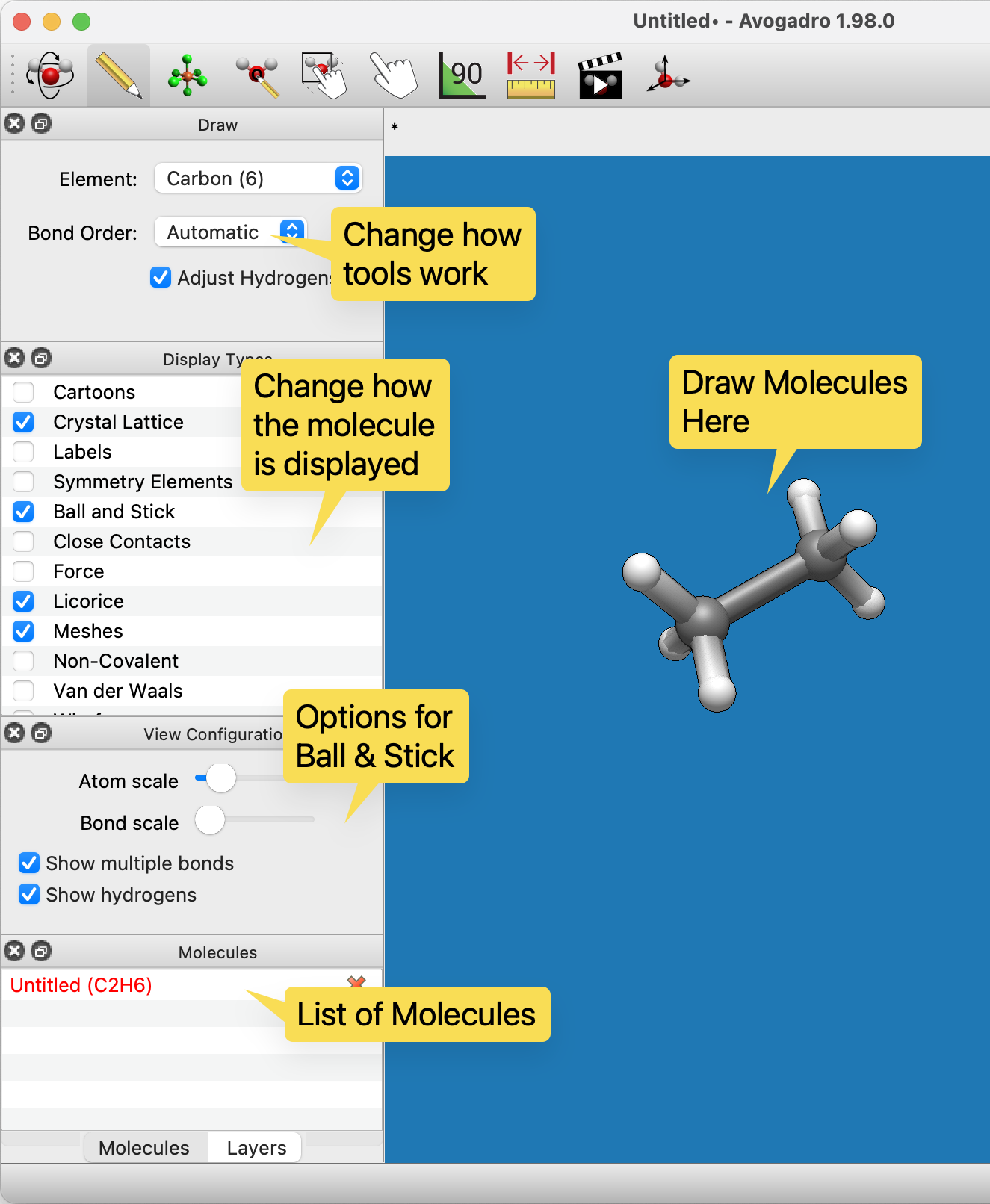 Screenshot of main Avogadro window on Mac indicating tools, display options, and drawing area