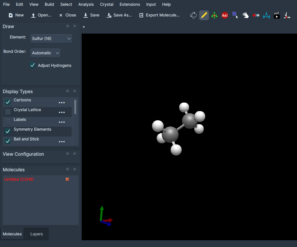 Screenshot of main Avogadro window on Linux with KDE indicating tools, display options, and drawing area