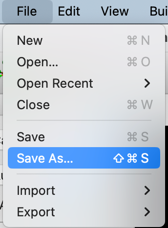 Screenshot indicating File => Save and Save As menu items