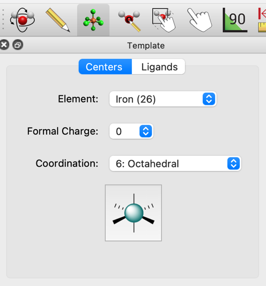 Template tool window indicating menus for element, formal charge, and coordination geometry