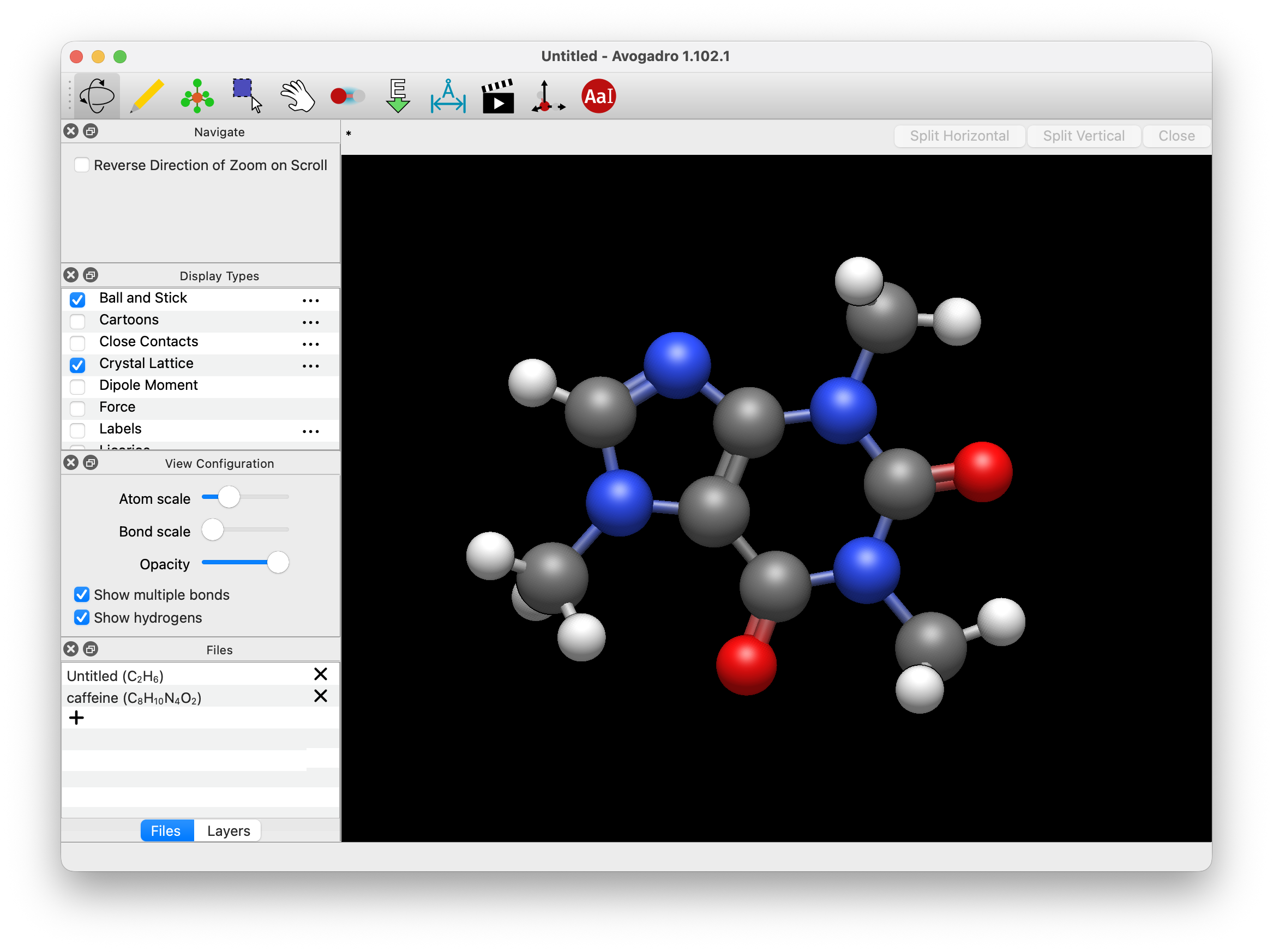 Screenshot of Avogadro window after opening or importing ethanol molecule