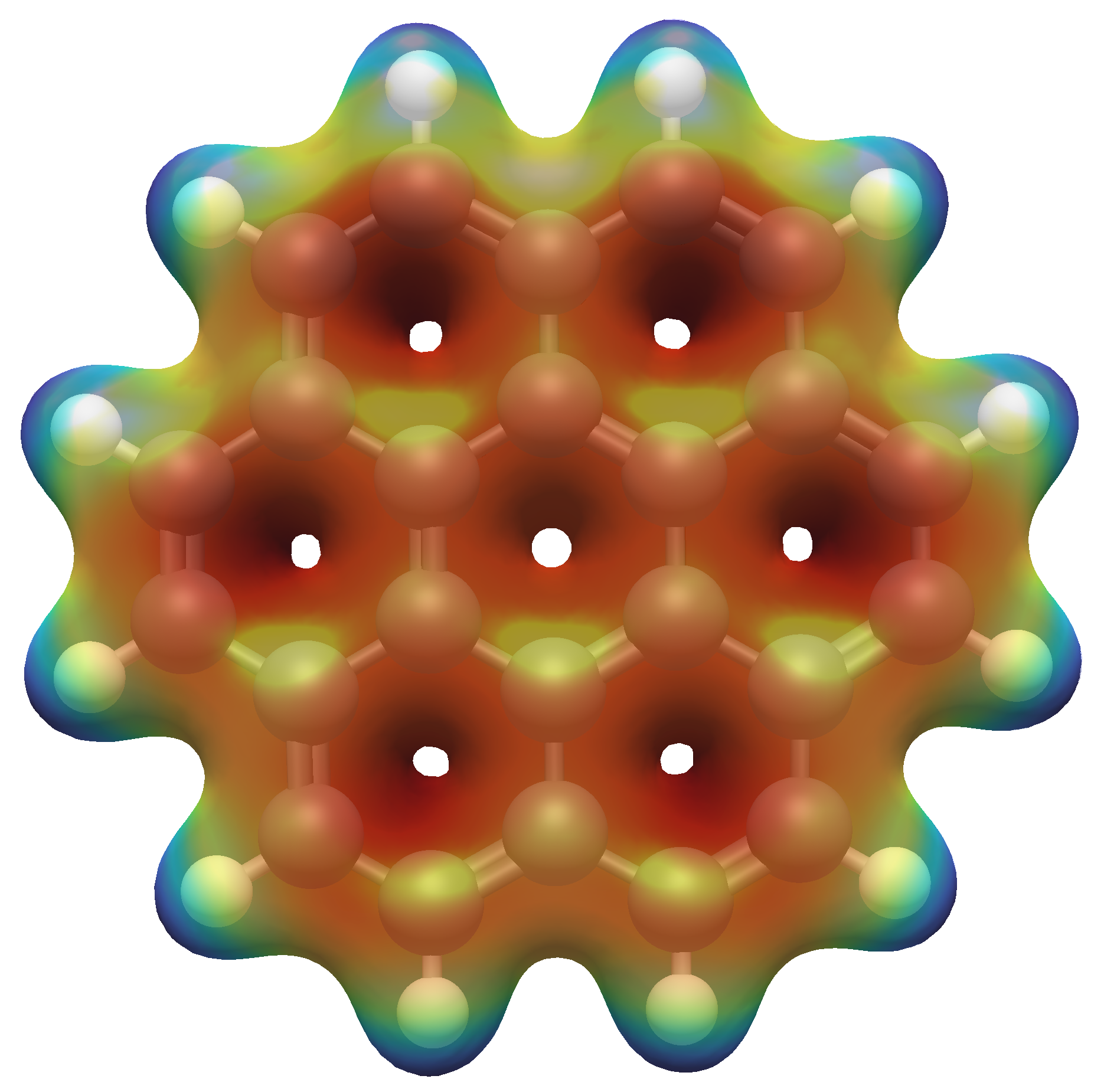 Example of the electron density of coronene colored by the electrostatic potential