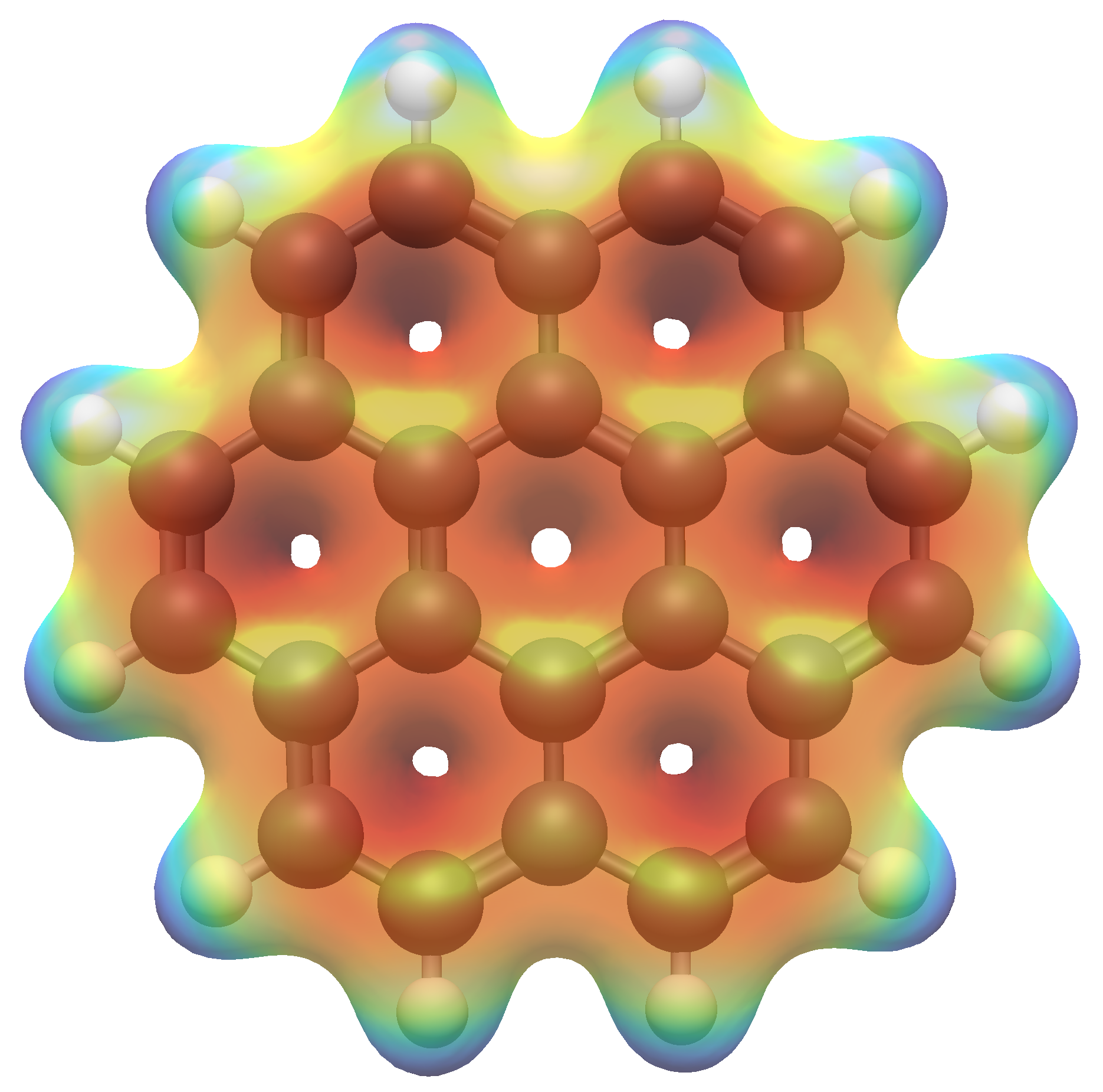 Example of the electron density of coronene colored by the electrostatic potential