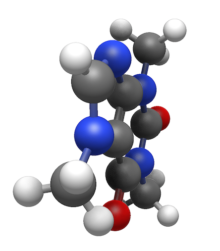 Ball and stick model of caffeine molecule illustrating real-time shading