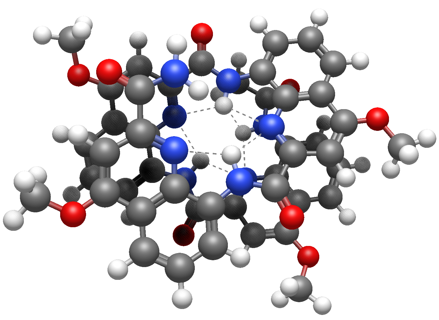 Foldamer molecule highlighting non-bonded close contacts (at 2.2 A separation) in dashed grey lines