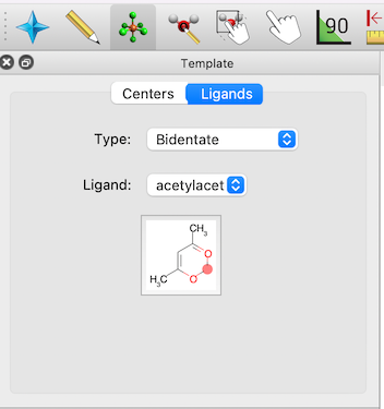 Example of template tool for ligands, including inserting bidentate acac ligand